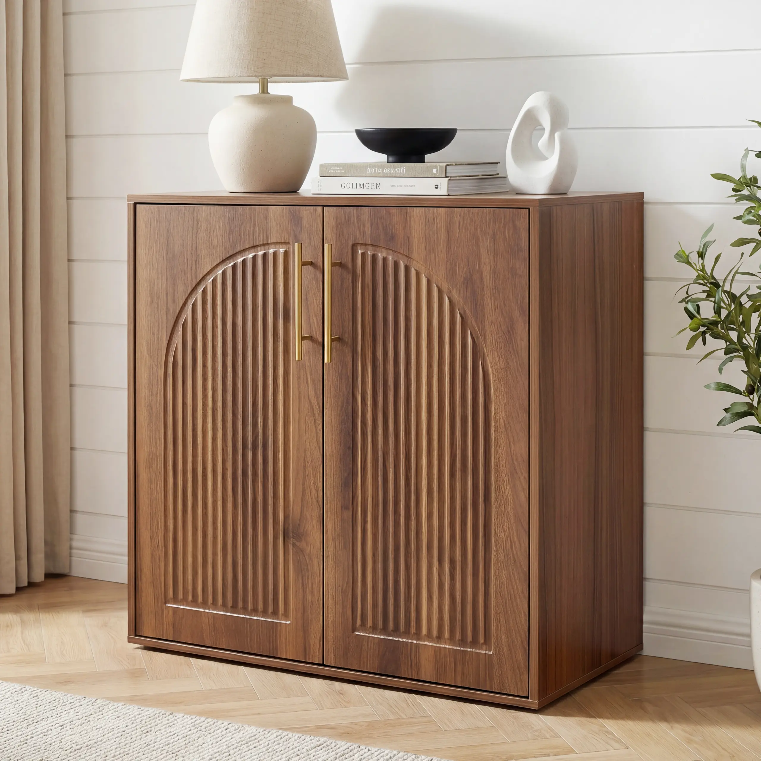 Fluted Sideboard Buffet Cabinet with Storage, Arched Doors & Adjustable Shelves, Modern Accent Credenza, Anti-Tip Console Cabinet for Living Room, Entryway, Dining Room & Kitchen, Walnut