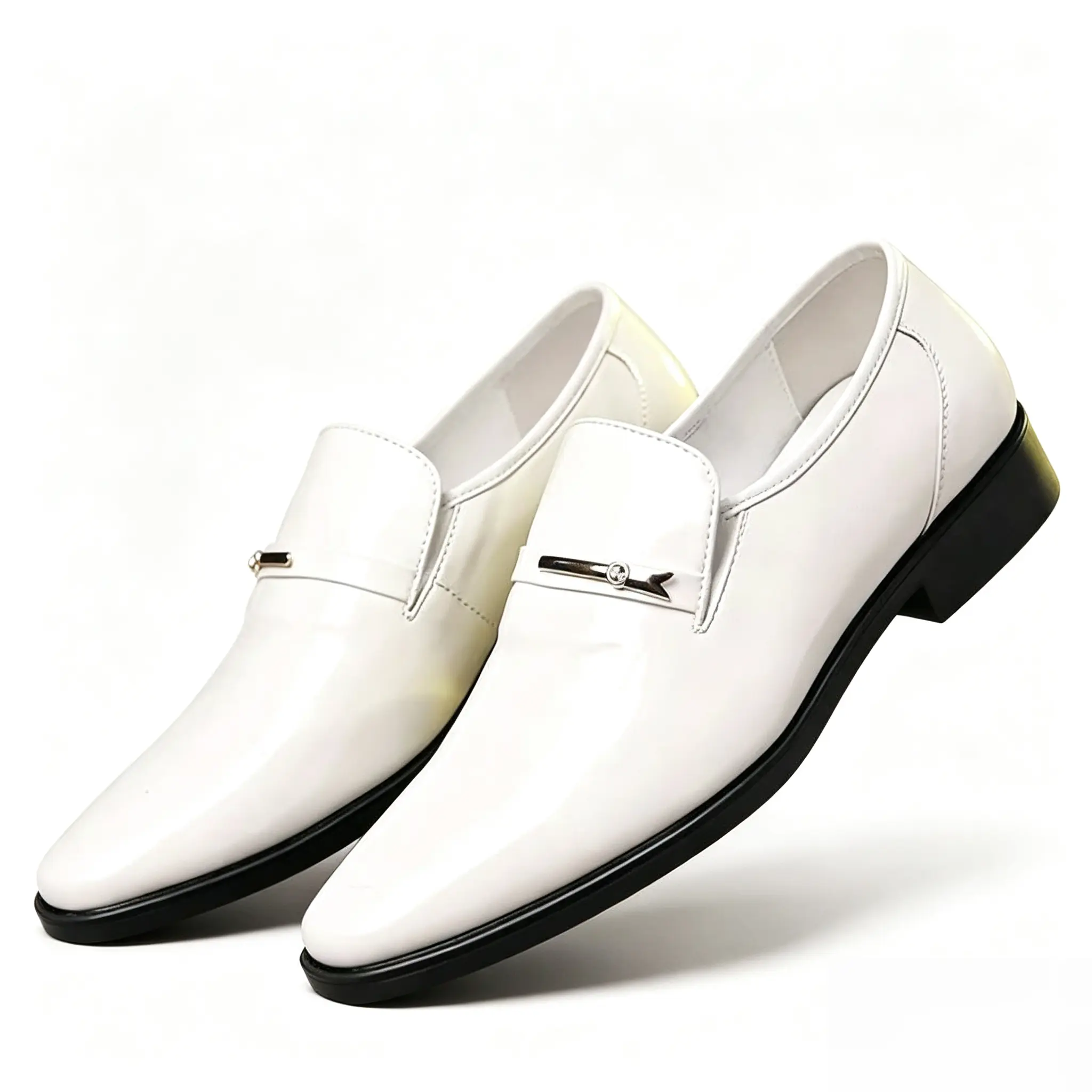 Men's Classic Slip-On Loafers, Shiny White Patent Leather Dress Shoes, Fashionable Summer Moccasins with Metal Buckle for Prom & Wedding