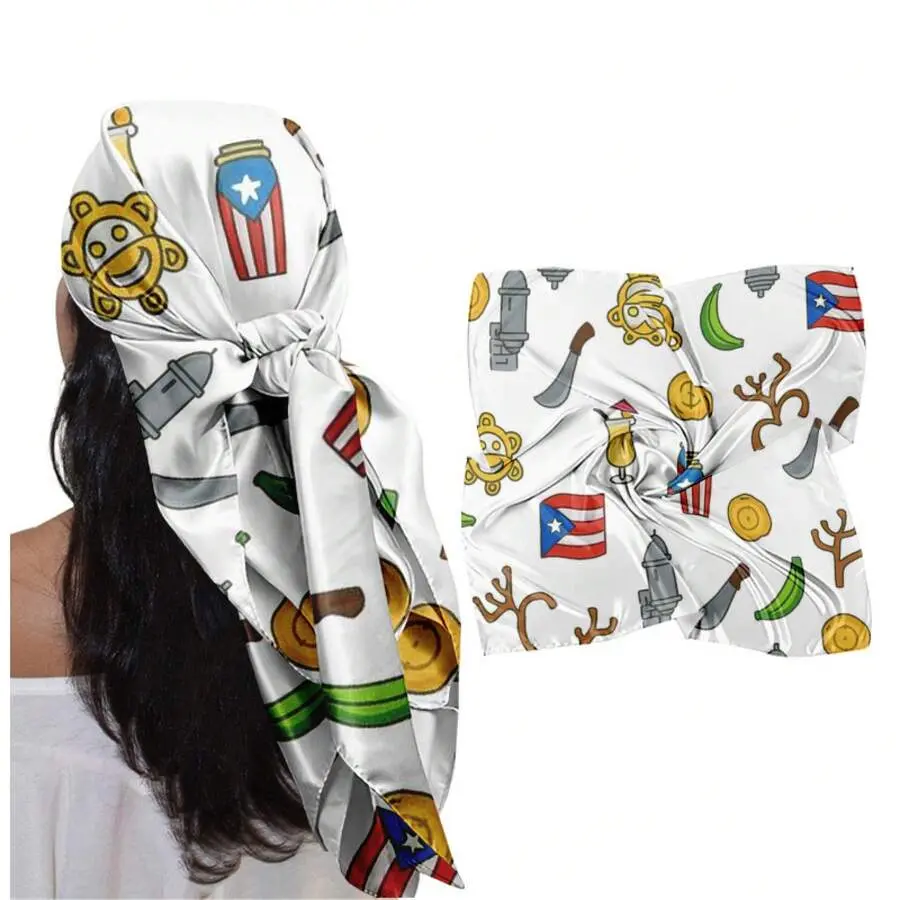 FREDDIE 35 Inch Square Puerto Rican Print Headscarf, Soft Skin-Friendly Breathable Satin Hair Scarf Stylish Hair Wrap For Shopping Beach Vacation Weekend Trip