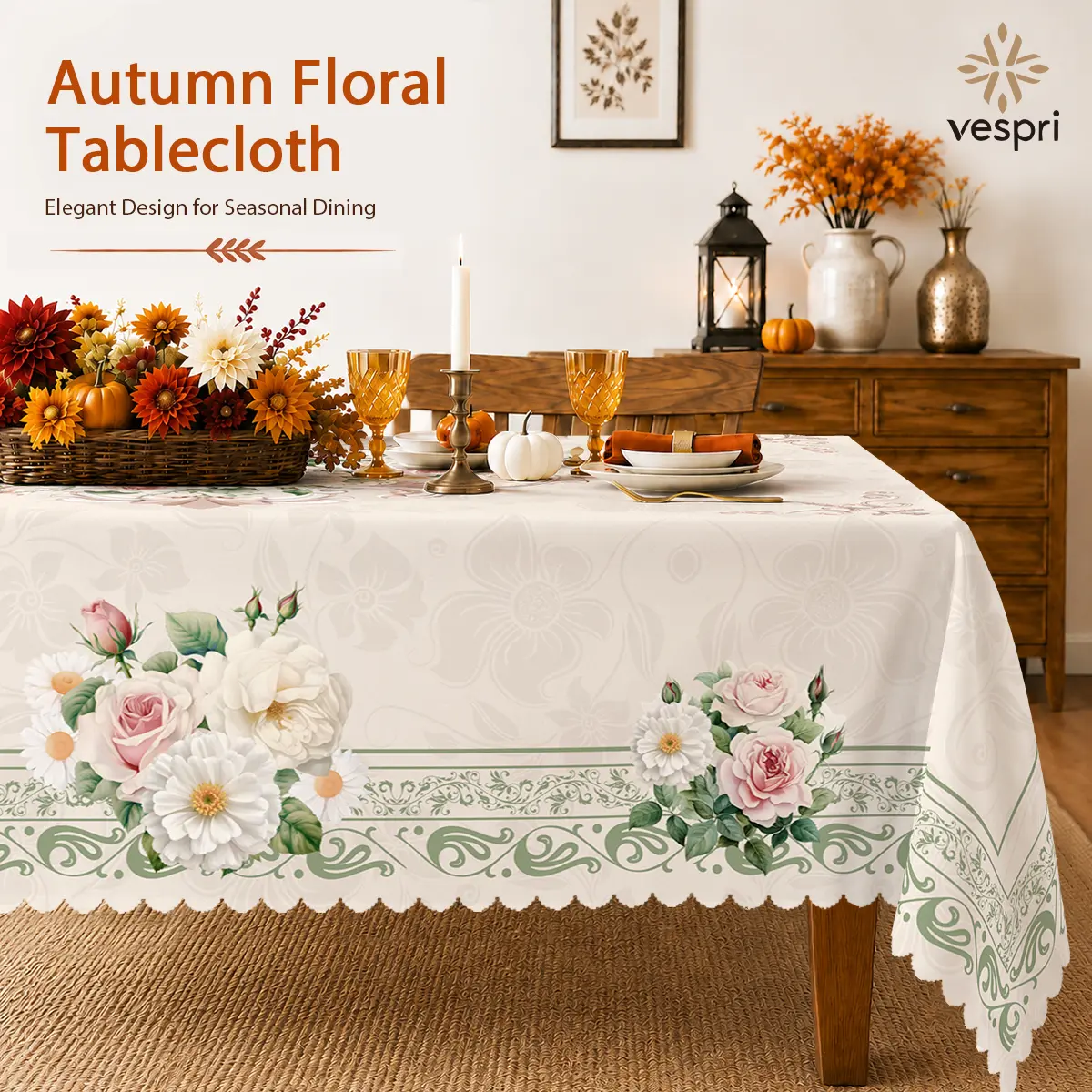 Vesprl Autumn Floral Tablecloth - Durable Polyester Fabric for Parties & Gatherings - Easy Care & Versatile Use - Round 60 Inches & Rectangular 55x70, 60x86 Inches