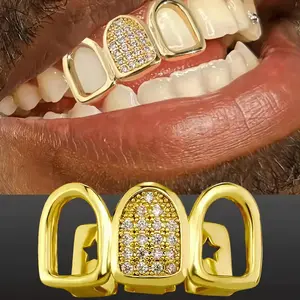 Bestselling Hip Hop CZ Teeth Grillz Gold Silver Color 3 Tooth Cap Dental Punk Rapper Grills for Men Women