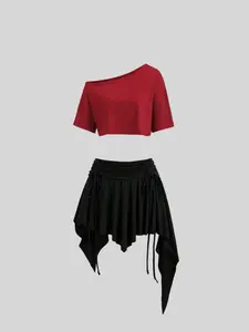European and American hot girl style fashion asymmetric top mini skirt suit