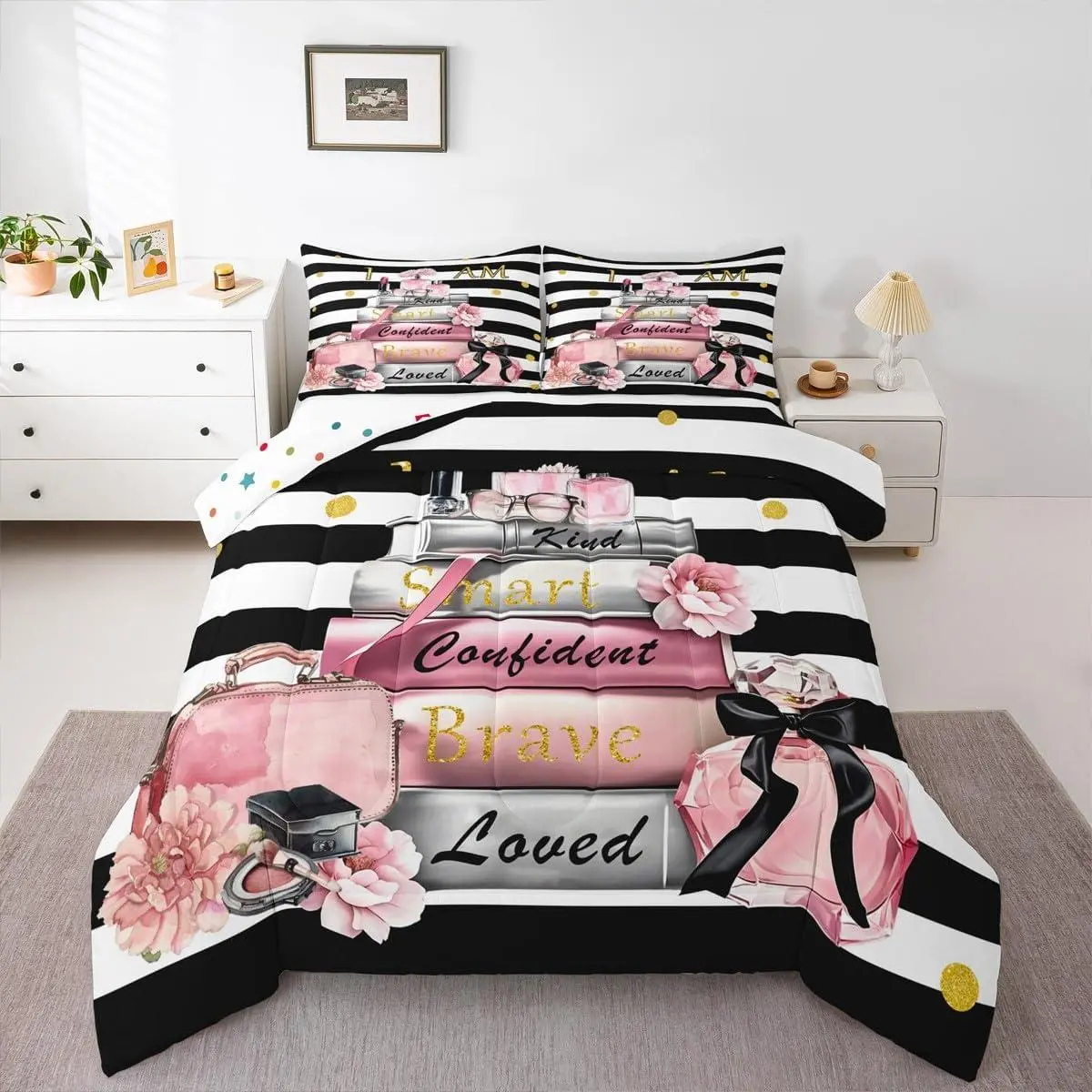 Feelyou Multi-Size Queen Bed Comforter Set - Soft Warm Breathable Microfiber Bedding, Blush Pink Striped with Inspirational Quotes, Black and White Striped Duvets & Sets, All Seasons Camping Travel-Friendly Girl Room Decor, Stripes, Machine Wash