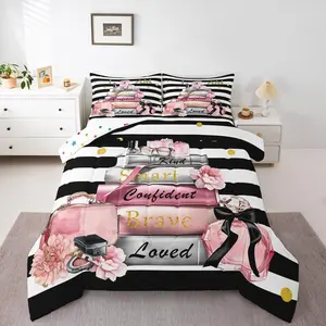 Feelyou Queen Microfiber Bedding Set - Breathable Blanket, Pink Fashion Design with Girls' Modern Inspirational Quotes & Women's Abstract Black-White Stripes, Aesthetic Room Decor
