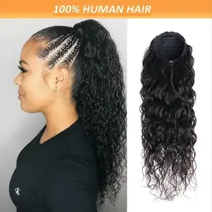 [Clip In Brazilian Remy Extensions] Drawstring Ponytail Hair Extensions Water Wave Wrap Around Ponytail Natural Black 10-28 Inch Clip In Brazilian Remy Hair