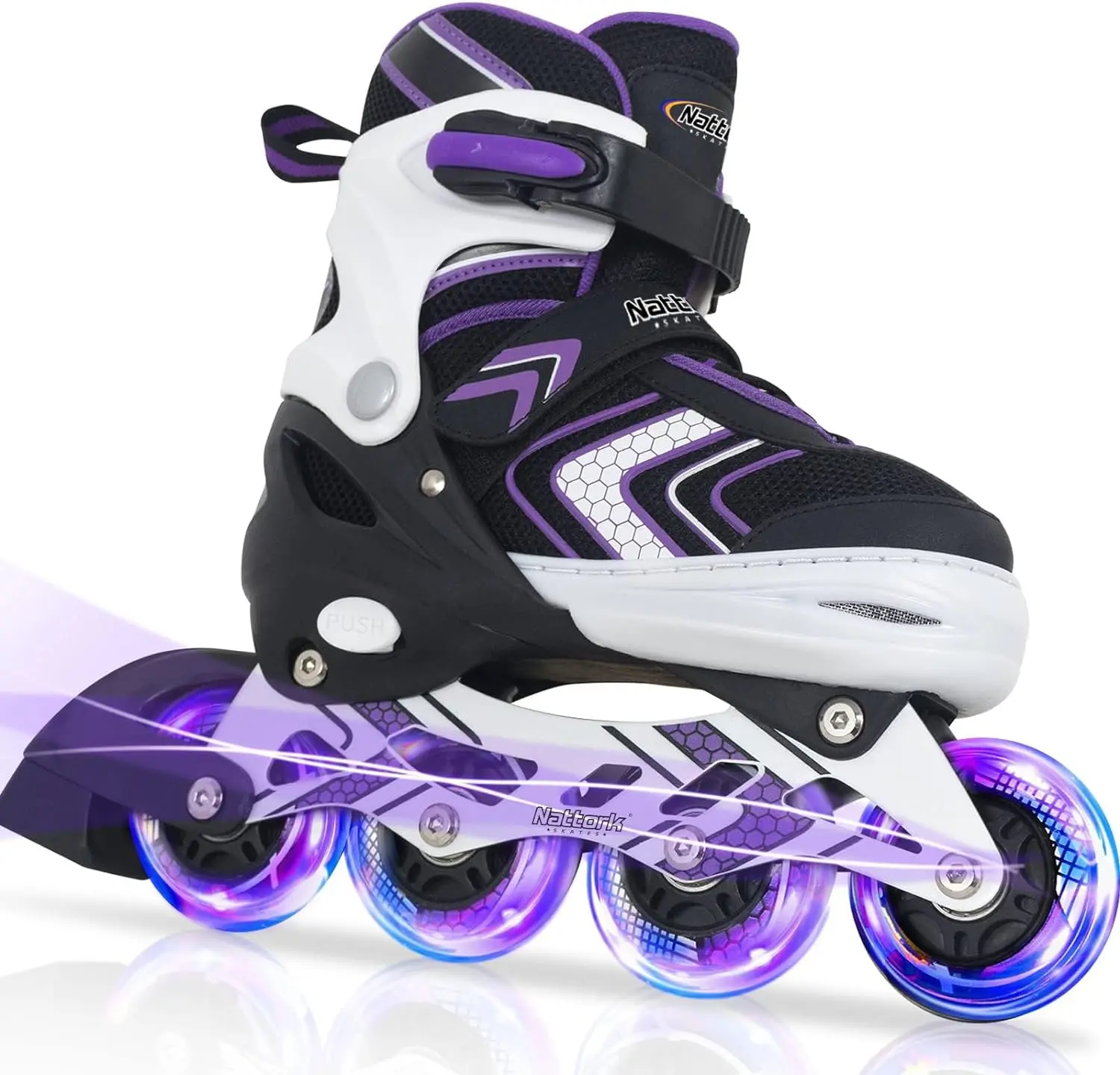 Nattork Kids Purple Rollerblades, Adjustable High-Top Inline Skates with Breathable Mesh, Light-Up Skate Wheels & Ankle Protection for Indoor/Outdoor Fun, Breathable Fabric, One-Push Change