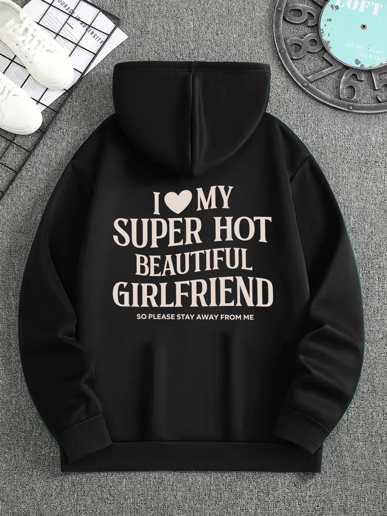 Men's Oversized Pullover Hoodie - "I Love My Super Hot Girlfriend Please Stay Away From Me" Cream Heart Graphic, Unisex Menswear Tops, Minimalist Fabric Loungewear, Funny Sarcastic Boyfriend Gift, Loose Casual Breathable Classic Hooded Sweatshirt