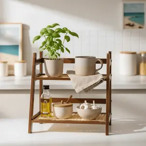 Rattan Style Storage Rack Organizer – Multi-Tier Bamboo Shelf for Kitchen Counter, Bathroom, Bedroom or Desk
