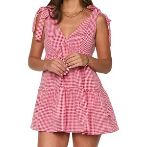 Women's summer sleeveless dress with casual checkered print/solid color lace up V-neck party dress, suitable for beach club street wearRAIMENTRY