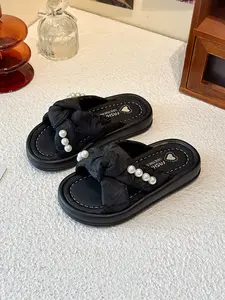 Girls' Pearl Decorated Slippers, Traditional Knot Soft Elastic Thick Sole Non-Slip Summer Outdoor Sandals, Versatile One-Piece Design