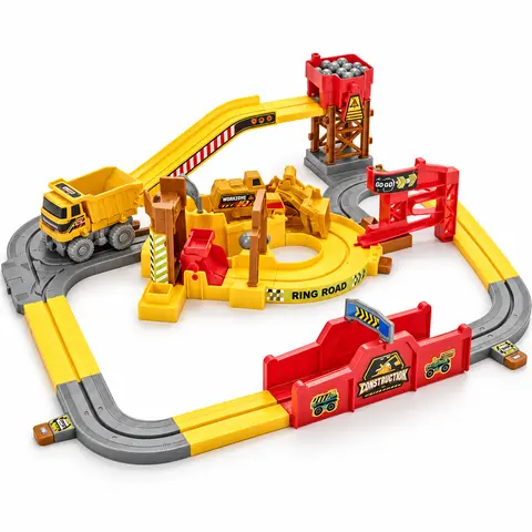 Electric Construction Track Toy Playset with Motorized Dump Truck, Automatic Ball Loading Mining Quarry Rail Car Set with Interchangeable Chassis, STEM Engineering Gift for Boys Age 3-7