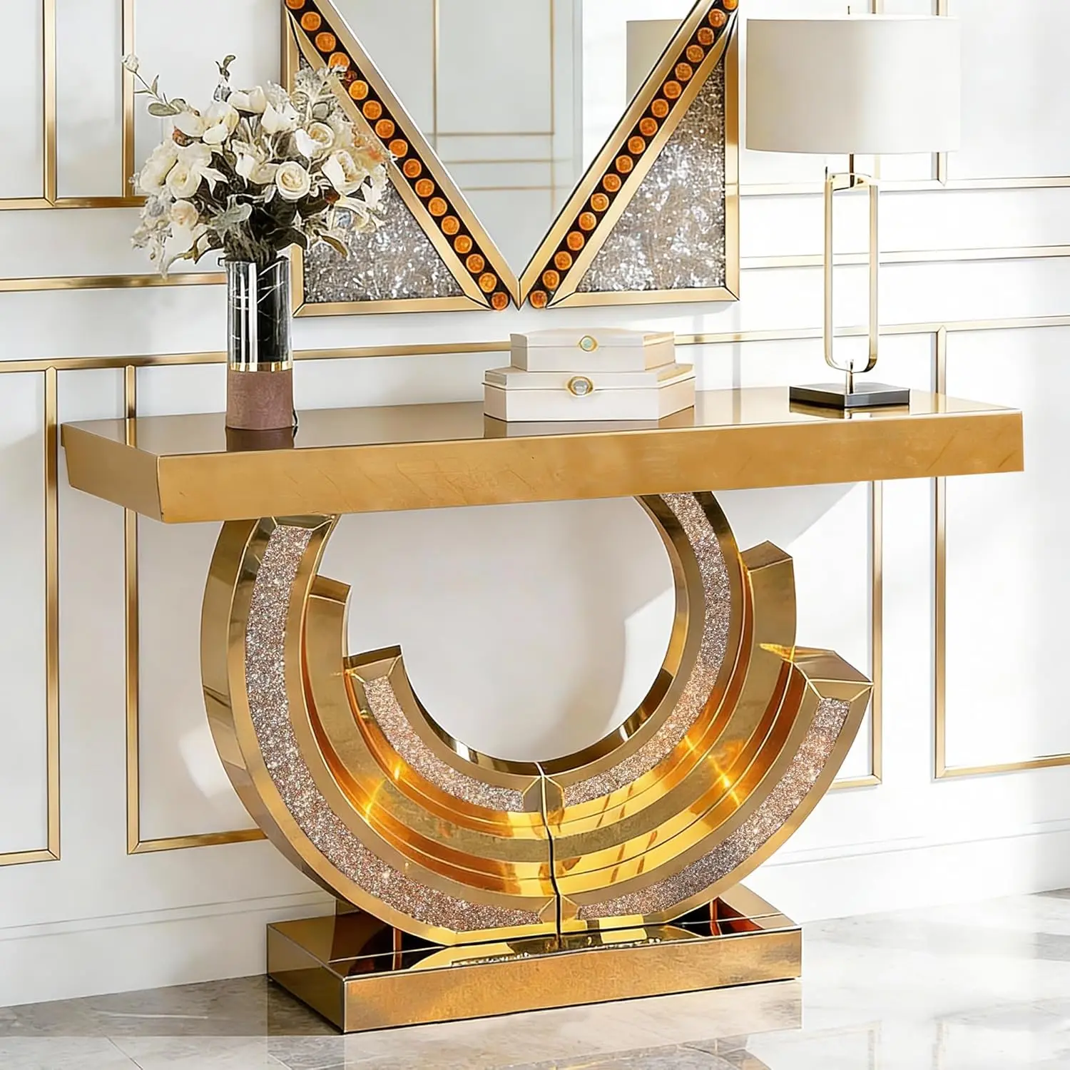 Mirrored Console Table, 42.9"  Rectangle Sofa Table with Sparkling Crystal 3C Shaped Base, Modern Luxury Mirrored Furniture with Diamond Glass Effects for Entryway Hallway Entrance ,Brown