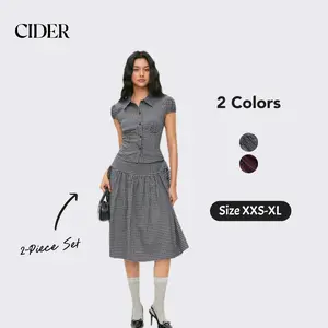 Cider Gingham Top & Low Rise Drawstring Ruched Midi Skirt Set