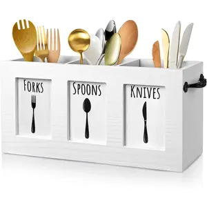 Wood Flatware Organizer, Rustic Utensil & Silverware Holder for Forks, Spoons, Knives, Farmhouse Kitchen Cutlery Caddy Bin Countertop - White