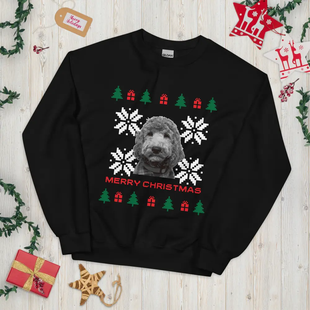 CUSTOM PHOTO of Pet Ugly Christmas Sweater Black Unisex Sweatshirt