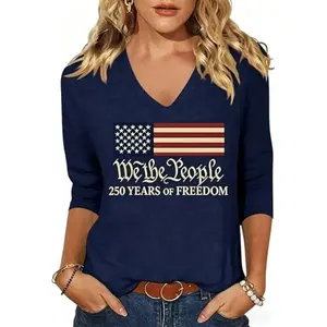 Women's Independence Day 3/4 Sleeve T Shirt, We The People American Flag Graphic Top, USA 250th Anniversary Loose Fit V Neck Tee, Patriotic Fourth of July Tunic Shirt for Summer BBQ, Parade and Vacation，S-5XL