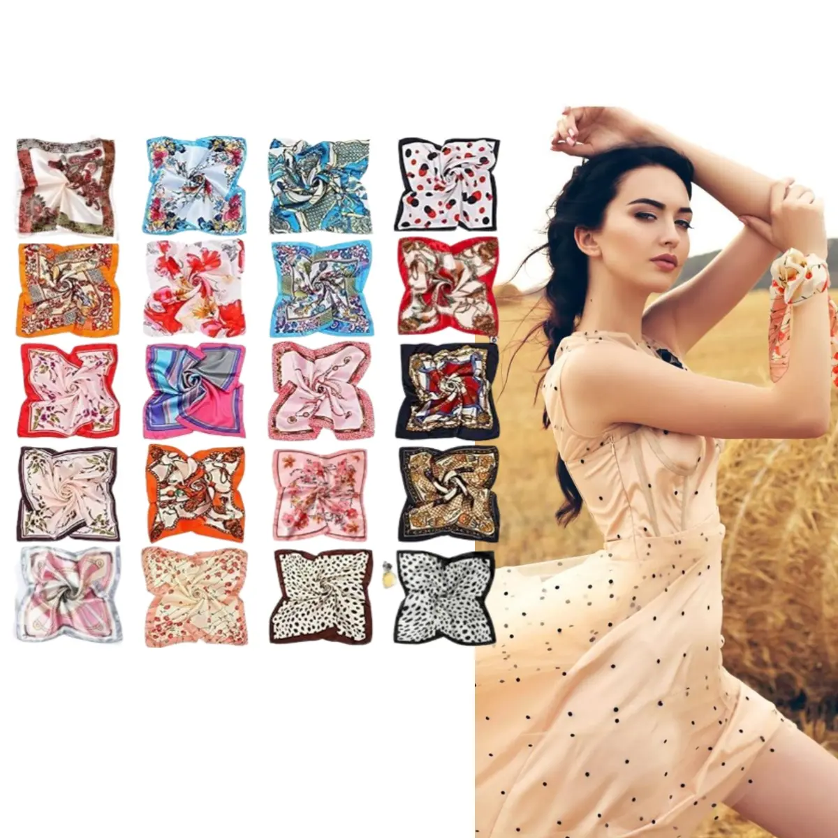 Women's 20-Piece Satin Square Head Scarves - Lightweight, Multi-Colors, All Seasons, Small Silk Bag Scarves for Women Favors (Hair, Neck Use)