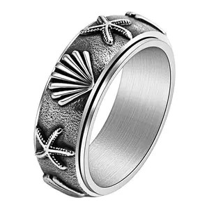 OIDEA Unisex Ocean Theme Starfish Motif Fidget Rings - Hypoallergenic Stainless Steel Anxiety Spinner Bands, Vintage Rings, Hypoallergenic Jewelry, Sizes 6-13, Birthday Gift Idea