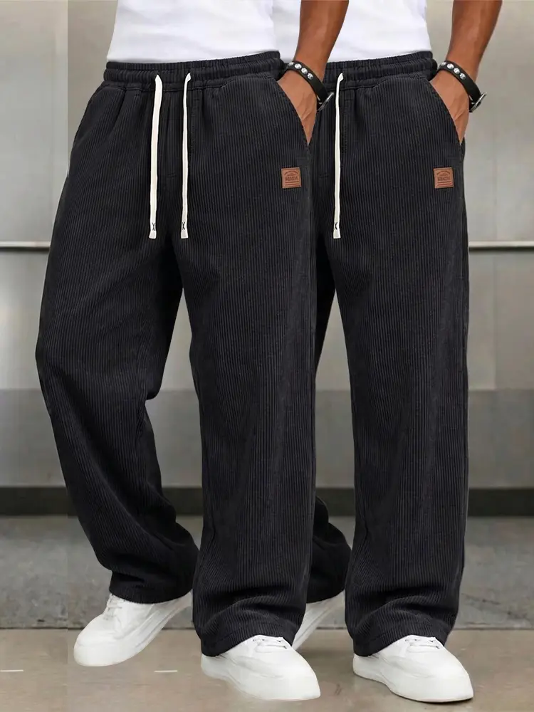 Men’s Casual Corduroy Loungewear Pants, Elastic Waist, Loose Fit with Side Pockets