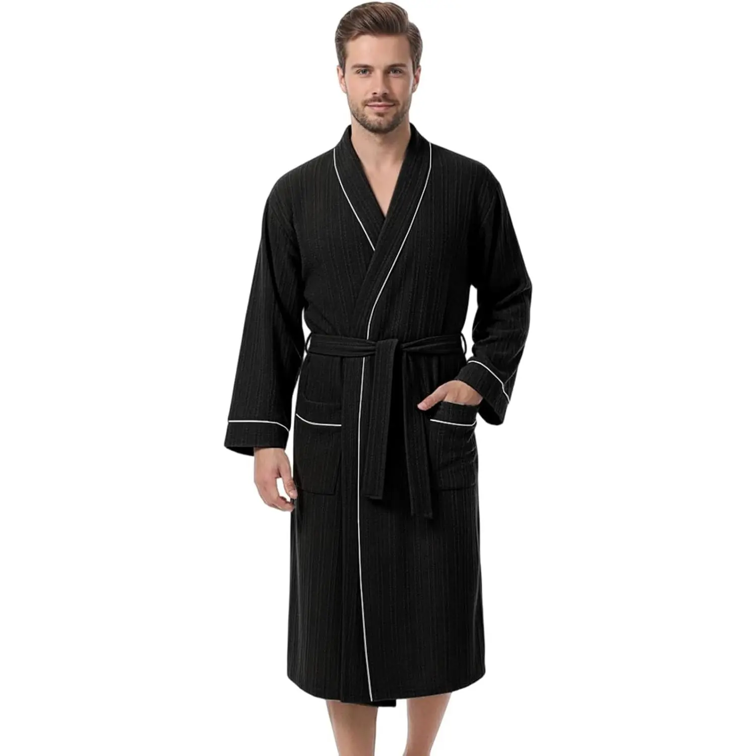 Mens Robe, Calf-length Bathrobe with Pockets, Lightweight Robe for Men V-Neck Kimono Sleepwear(Gift)