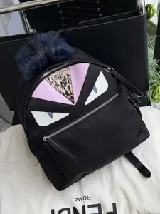 Pre-owned FENDI black nylon triangle mini monster backpack with pink leopard print accents(2603212)