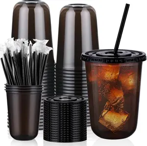 50 Set 16oz Black Plastic Cups with Lids & Straws, Disposable Iced Coffee Cup with Lid, Round Bottom Plastic To Go Cups for Cold Drinks Slushie Smoothie Lemonade Soda Bar Party Shop Supplies