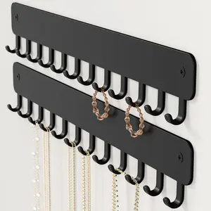 Drill-In Necklace Organizer: Sturdy Necklace Holder Wall Mounted with Hooks for Tangle-Free Jewelry Storage – Space-Saving Wall Necklace Hanger, Black, 2 PCS bussdis