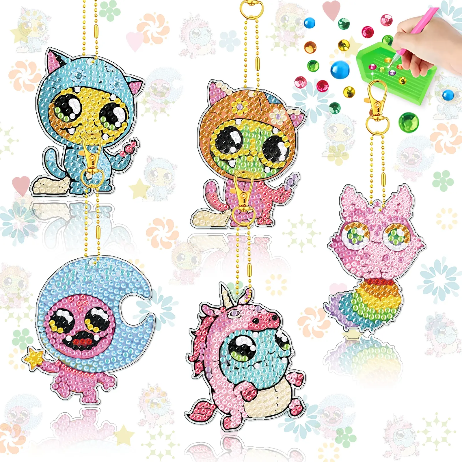5-Piece DIY Diamond Painting Keychain Set, Cute Cartoon Art Pendant, Bright Colors, Includes Chain & Tool Kit, Perfect Gift for Craft Lovers