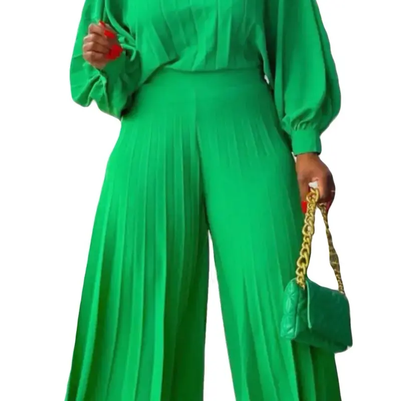 Vintages Pleated Wide Leg 2 Piece Set -  Clothes & Pants, Versatile Look for Everyday Wear. Comes in Green, Blue, Yellow, and white