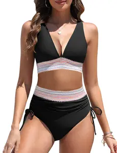 FASHORA High Waist Color Wave Trim Two Piece Bikini