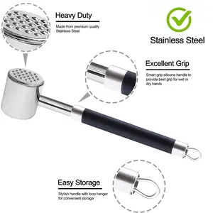 Stainless Steel Meat Tenderizer Hammer - Heavy Duty Dual-Sided Meat Mallet for Pounding & Flattening Steak, Beef, Chicken, Pork & Poultry - Professional Kitchen Tool - 100% Dishwasher Safe, Non-Slip Grip Handle, Rust-Proof, 15oz Balanced Weight Pounder