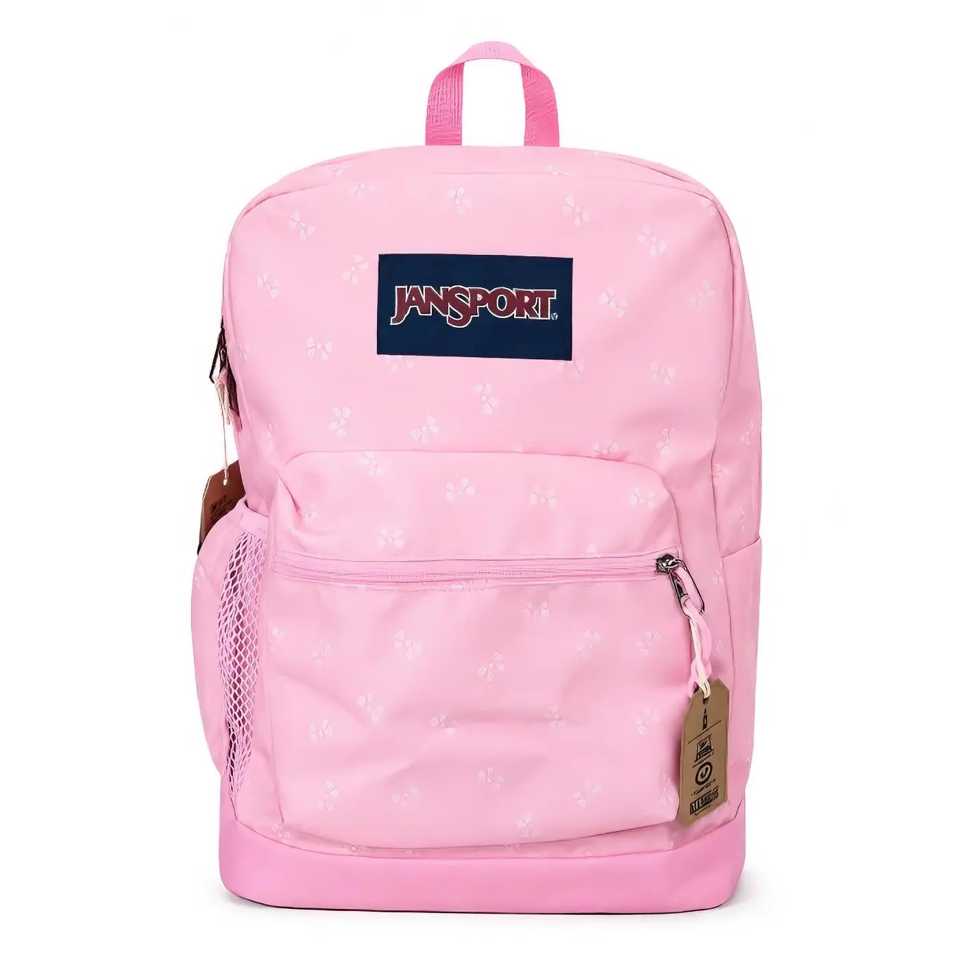 Jansport Cross Town Plus Backpack, Cute "Bow Party" Floral Pattern, Casual & Stylish Pink Daypack with Mesh Side Pocket and Adjustable Strap, Stylish Daypacks, Trendy Backpack