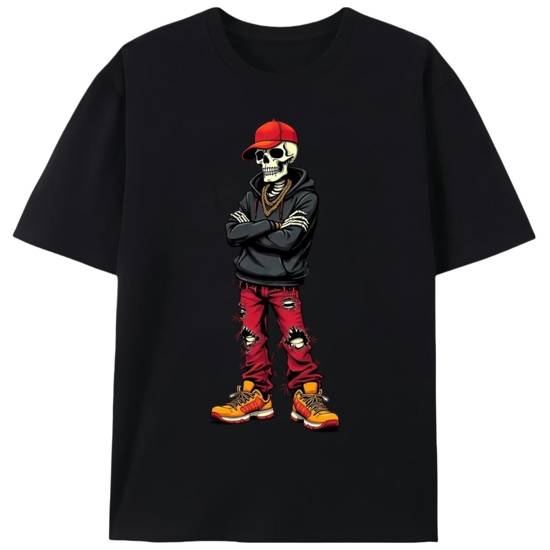 Hip-Hop Skeleton Summer T-Shirt, Men's Unisex Streetwear Graphic Tee, Cool Skeleton Casual Shirt for Hip-Hop Lovers