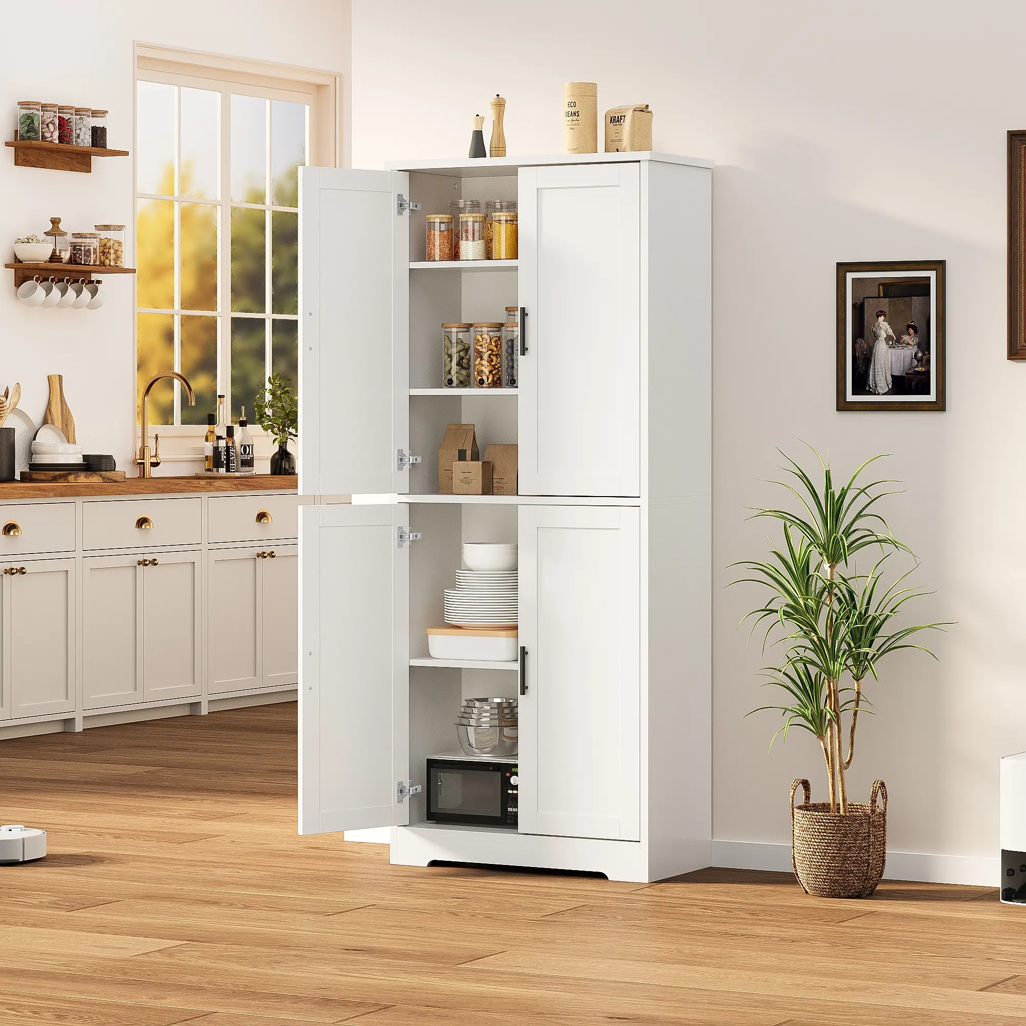 ✨ 70" Modern Pantry Cabinet – 4-Door Freestanding Storage with Adjustable Shelves & Open Shelf – Multipurpose Organizer for Living Room, Kitchen or Dining Room! 🏠, Storage Organization