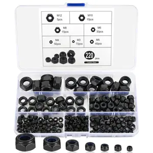 Nylon Insert Lock Nuts, 220pcs Hex Self-Locking Nuts, Carbon Steel Black Locknuts, Hex Drive, M3 M4 M5 M6 M8 M10 M12