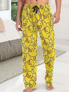 Men's Duck Print Pajama Pants, Fitted Comfortable Casual Polyester Blend Sleepwear Bottoms, Drawstring Waistband Design, Loungewear