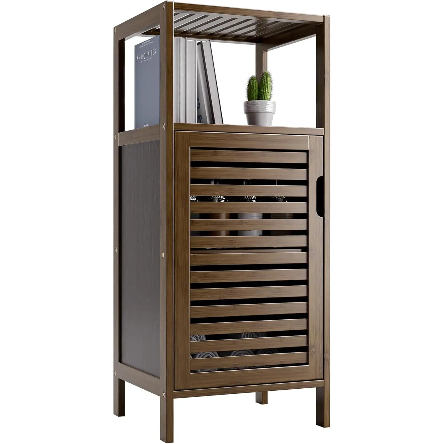 Bathroom Cabinet, Bamboo Floor Cabinet Free Standing, 4 Tier Sofa Side Storage Cupboard for Living Room Kitchen Bedroom, Walnut