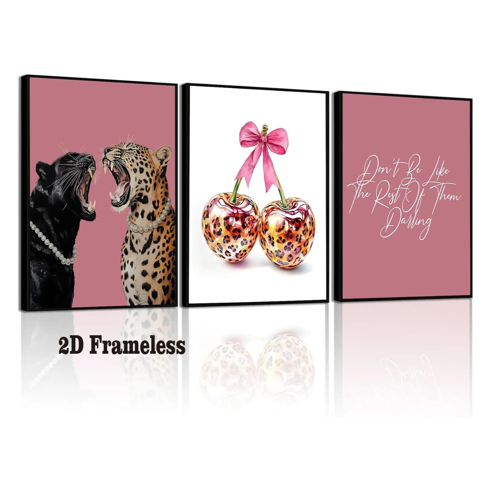 3-piece set, Pink Leopard Wall Art; Stylish Leopard Print Poster; Cute Cherry Bow Canvas Wall Decor; Playful Preppy-Style Artwork; Girls' Room Decor; 2D Flat Design; Frameless Canvas Poster; Decorative Wall Art