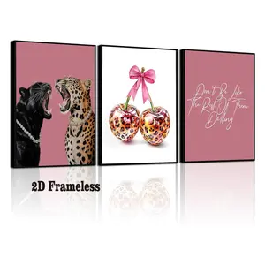 3-piece set, Pink Leopard Wall Art; Stylish Leopard Print Poster; Cute Cherry Bow Canvas Wall Decor; Playful Preppy-Style Artwork; Girls' Room Decor; 2D Flat Design; Frameless Canvas Poster; Decorative Wall Art