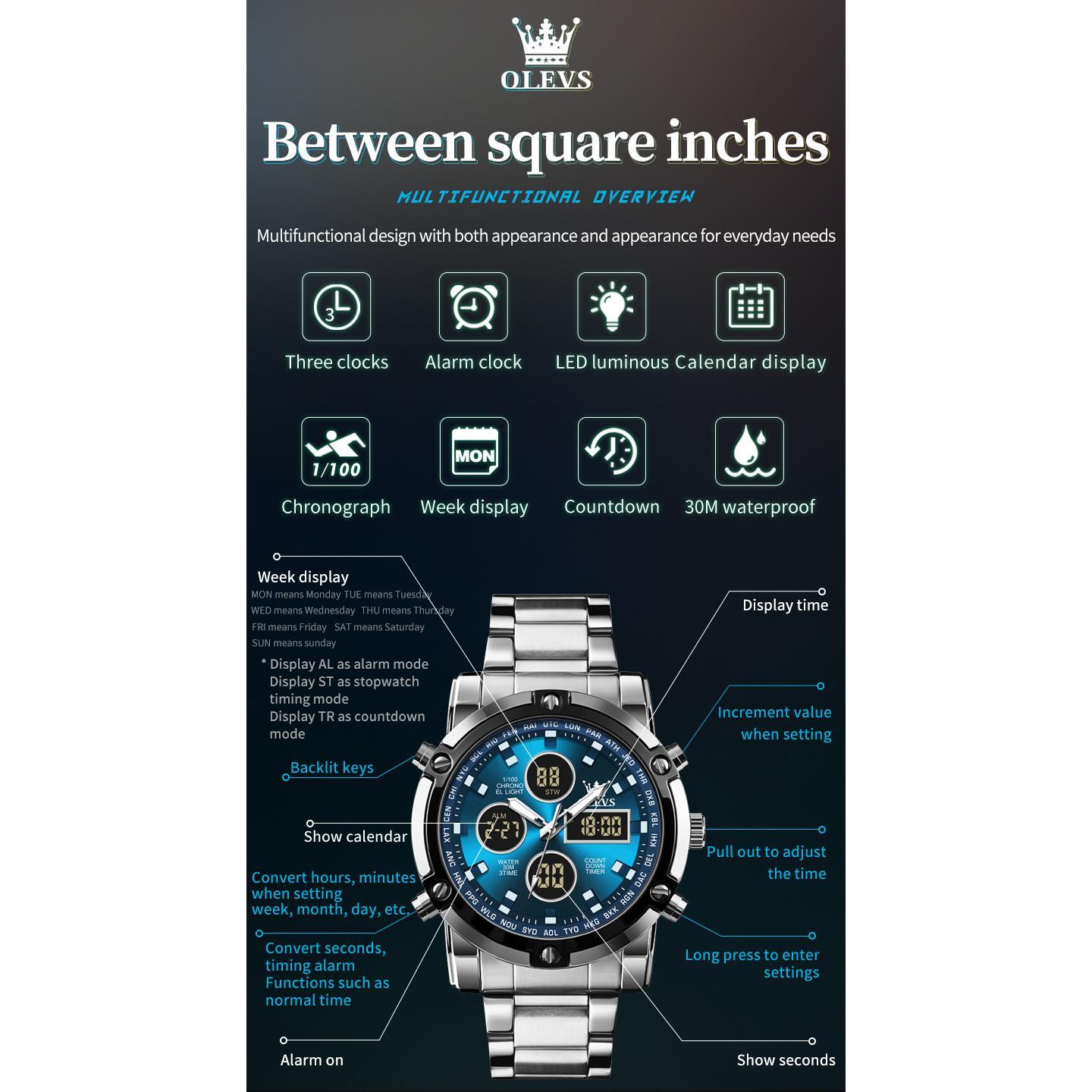 OLEVS Men's Watches Original Multifunctional Wlectronic Watch for Man Waterproof Luminous Alarm Clock Fashion Dress