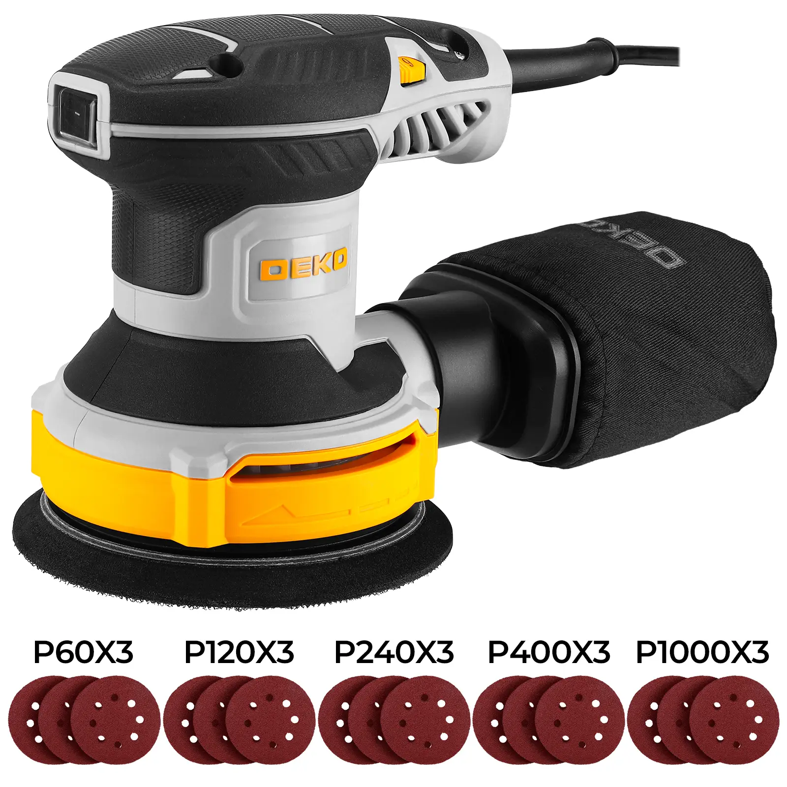 DEKOPRO Random Orbital Electric Sander with 16 Sandpapers, 14000RPM, 5-Inch, High Performance Dust Collection - For Woodworking