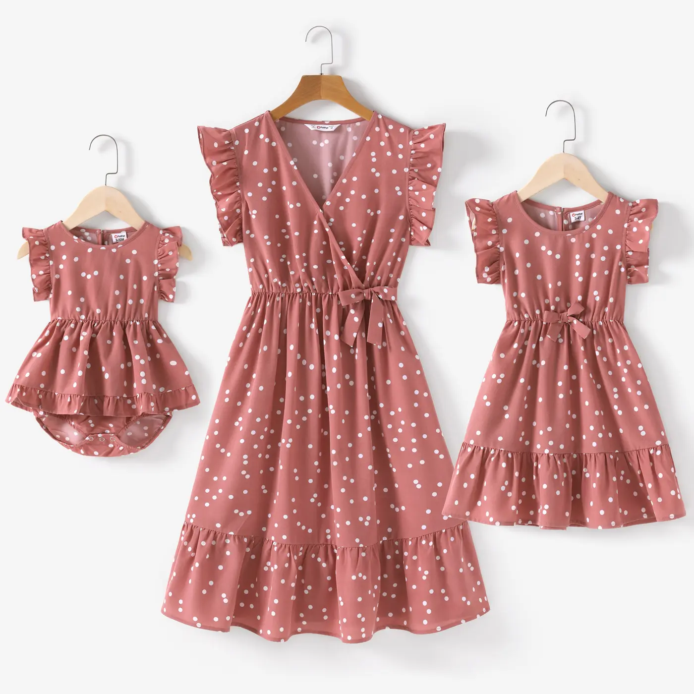 PatPat All Over Dots Pink Cross Wrap V Neck Ruffle Flutter-sleeve Dress for Mom and Me