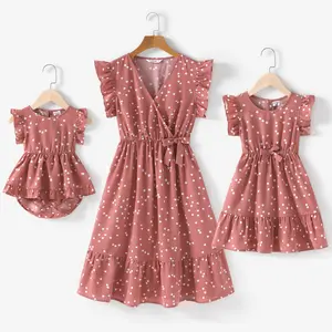 PatPat All Over Dots Pink Cross Wrap V Neck Ruffle Flutter-sleeve Dress for Mom and Me