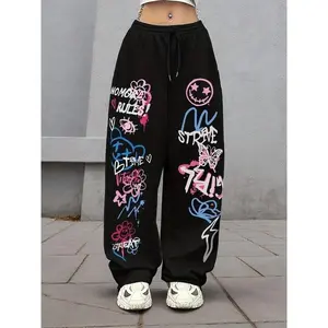 Women’s casual loose-fit drawstring pants with graffiti letter and butterfly print, all-season comfortable lounge wear for women and ladies