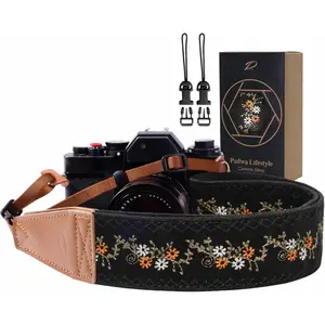 Camera Strap-2" Full Grain Leather Ends Camera Straps for Photographers, Vintage Embroidered Cotton Weave Soft Suede Fabric Padded Strap Quick Release fits All Cameras