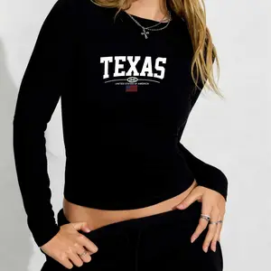 1pc Vintage Texas Elegant Women's Solid Long Sleeve Round Neck Tee, Casual Basic Crew Neck Skinny T-shirt for Daily Wear, Ladies Clothes for All Seasons