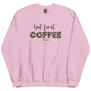 But First Coffee Leopard Graphic Crewneck Sweatshirt - 50% Cotton 50% Polyester Pre-shrunk Classic Fit Soft Air-jet Spun Yarn Knit - Fabric