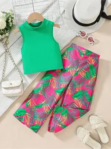 Young Girl Casual Beach Party Outfit, Elastic Sleeveless Top With Wide-Legged Pants Set, Summer/Winter Summer Holiday