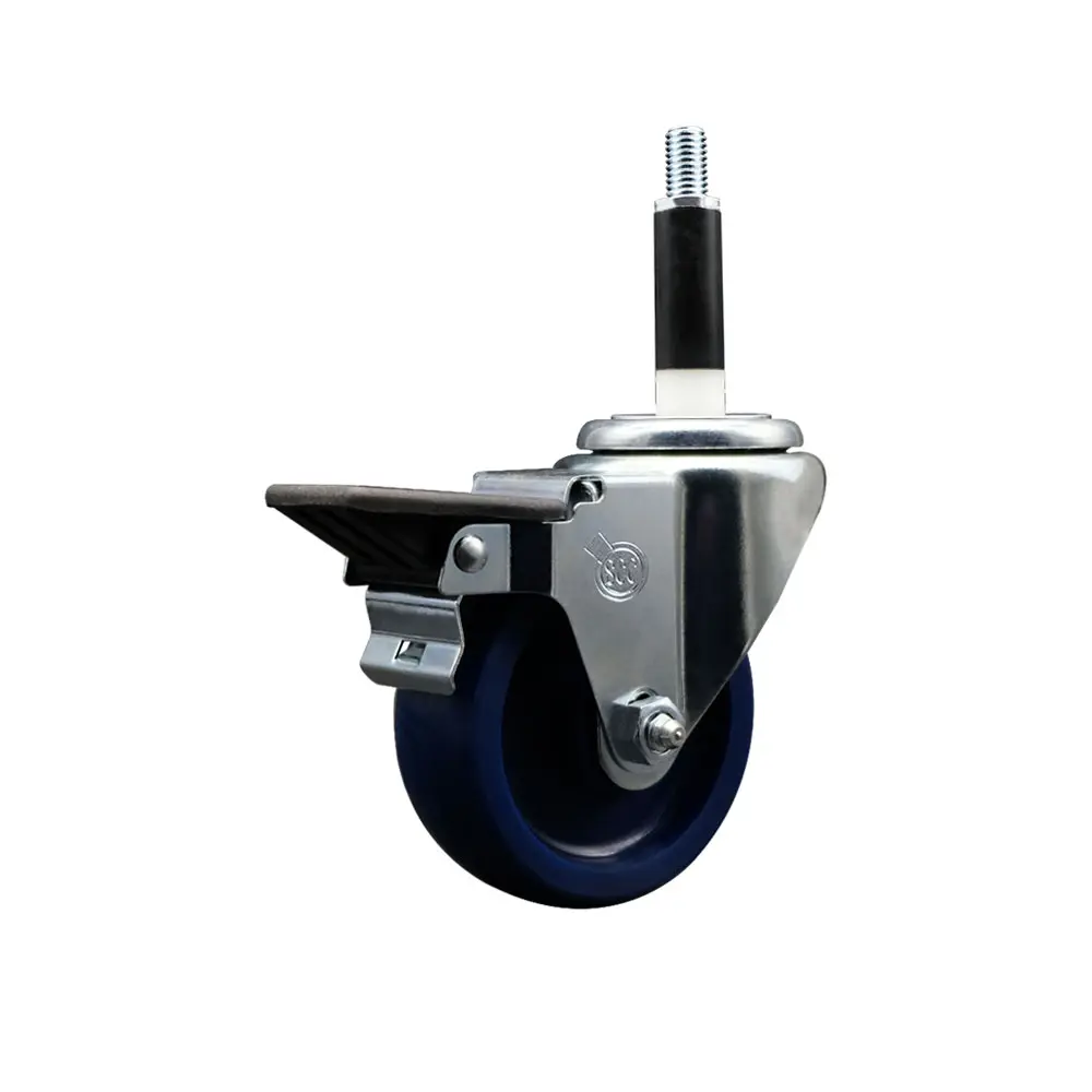 Service Caster SCC-EX20S3514-SPUS-PLB-78 Solid Polyurethane Expanding Stem Swivel Caster - 3.5 in. Blue Wheel, 0.87 in. Stem, Posi Locking Brake, 300 lbs Capacity, for Shop Projects & Work Use, Fits Round-Square Tubes