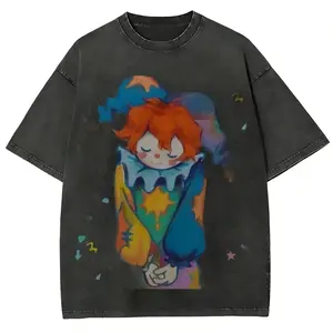 Unisex Vintage Distressed Clown T-Shirt - Baggy, Wash Tee, Funny Shirts, Whimsical Clothes for Menswear Streetwear Unisex Casual Cotton Top Men's T-Shirt  Vintage Washed Anime Print Tee Anime